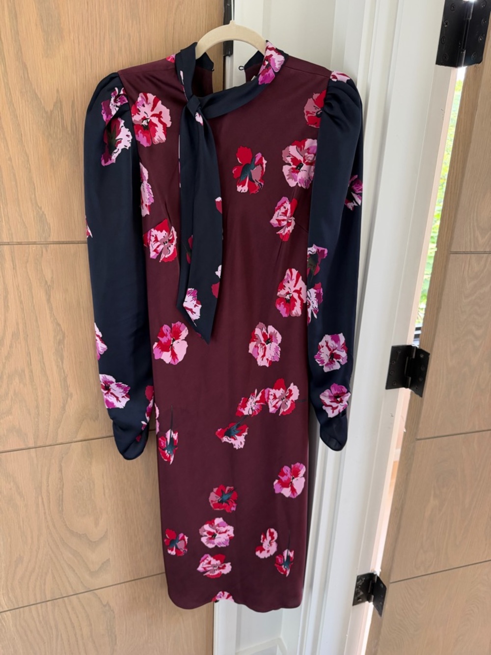 Joie Burgundy Floral Tie-Neck Dress with Navy Sleeves